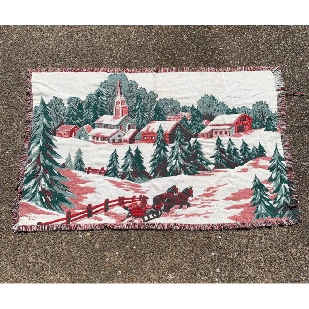 Vintage Winter Scene‎ Holiday Fringe Woven Tapestry Throw Blanket